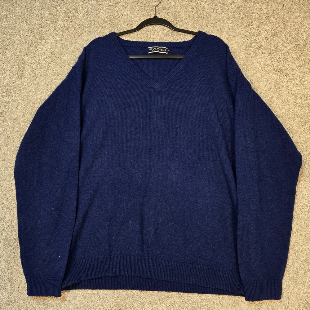 Woolovers Men XL Navy Blue 100% New wool Knit Jumper V-Neck long sleeve woolmark